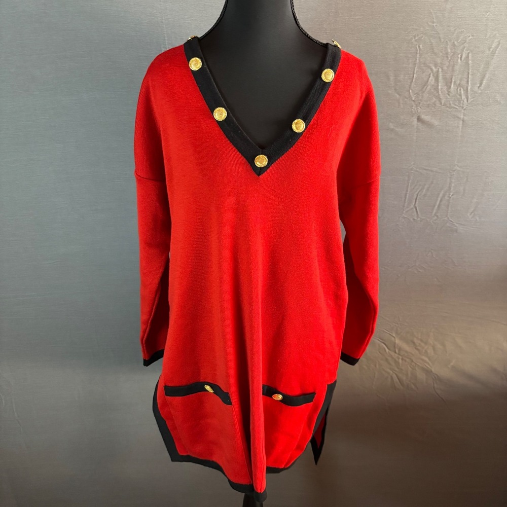 Nordstrom Red Merino Wool‎ Sweater Dress Gold Buttons Black Trim Made Italy